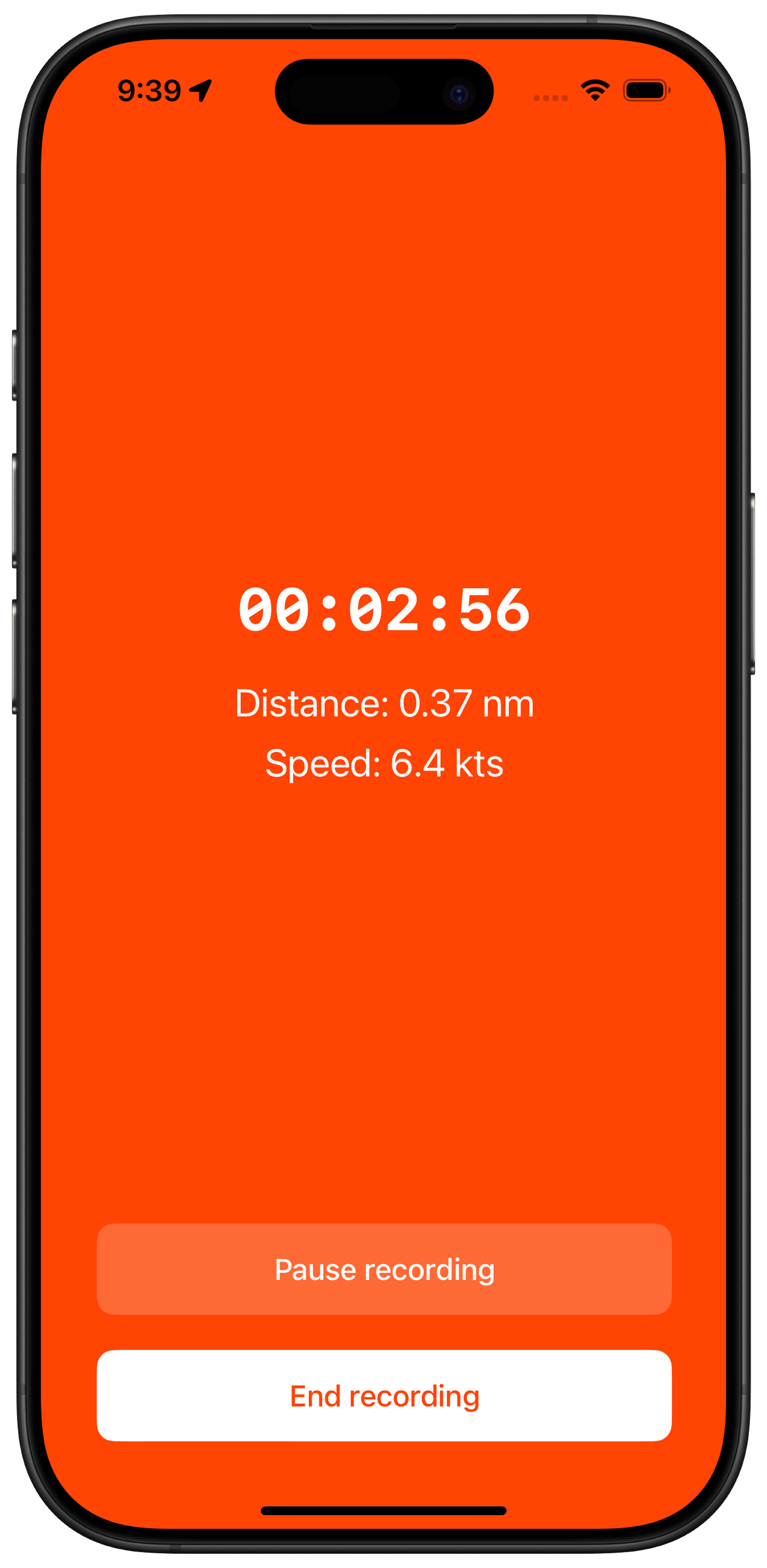 Screenshot of SailTrace mobile app displaying the live recording feature with a map and boat path