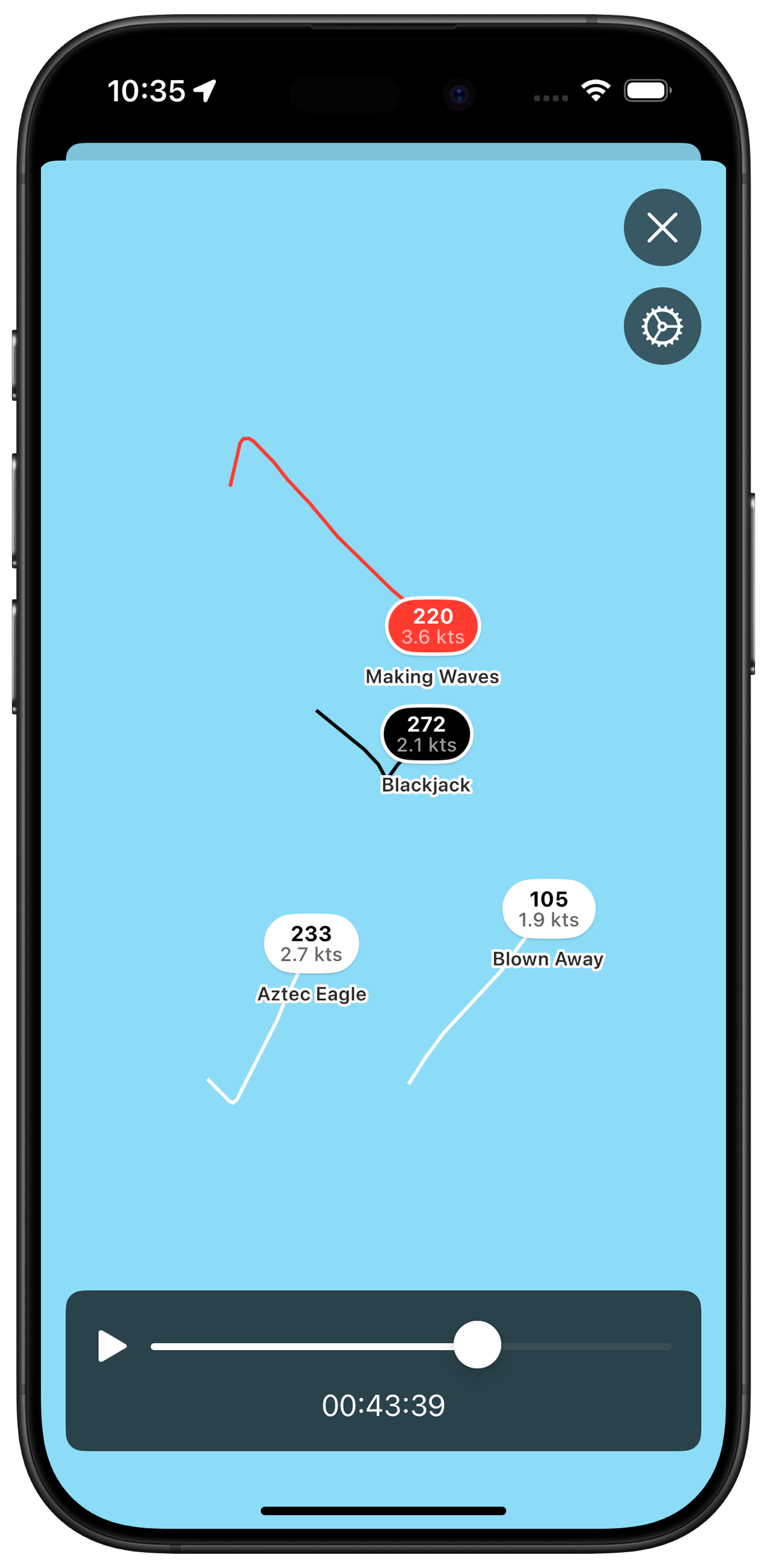 Screenshot of SailTrace mobile app showing race replay with detailed path analysis